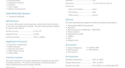 Roadsense Tracking Device specification sheet