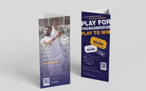 3-sided DL Table Talkers on NeverTear to promote Thongsbridge Cricket Club’s fundraising opportunities to members and visitors